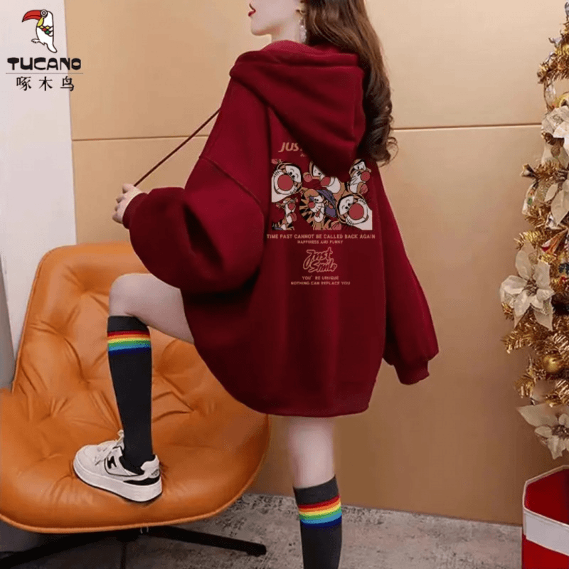 啄木鸟卫衣女秋冬新款韩版加绒加厚打底衫时尚洋气中长款连帽上衣