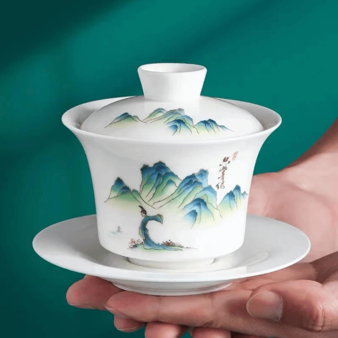 千里江山盖碗 羊脂玉三才盖碗茶杯