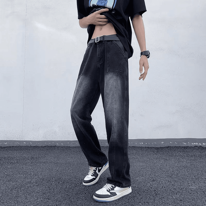 美式复古潮牌水洗做旧牛仔裤男款春秋宽松休闲阔腿裤高街直筒长裤