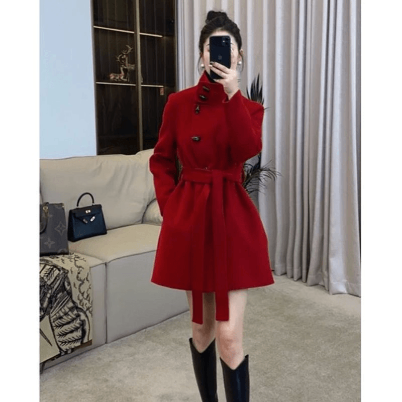 时尚牛角扣立领毛呢大衣女2023秋冬新款中长款显瘦气质系带呢外套