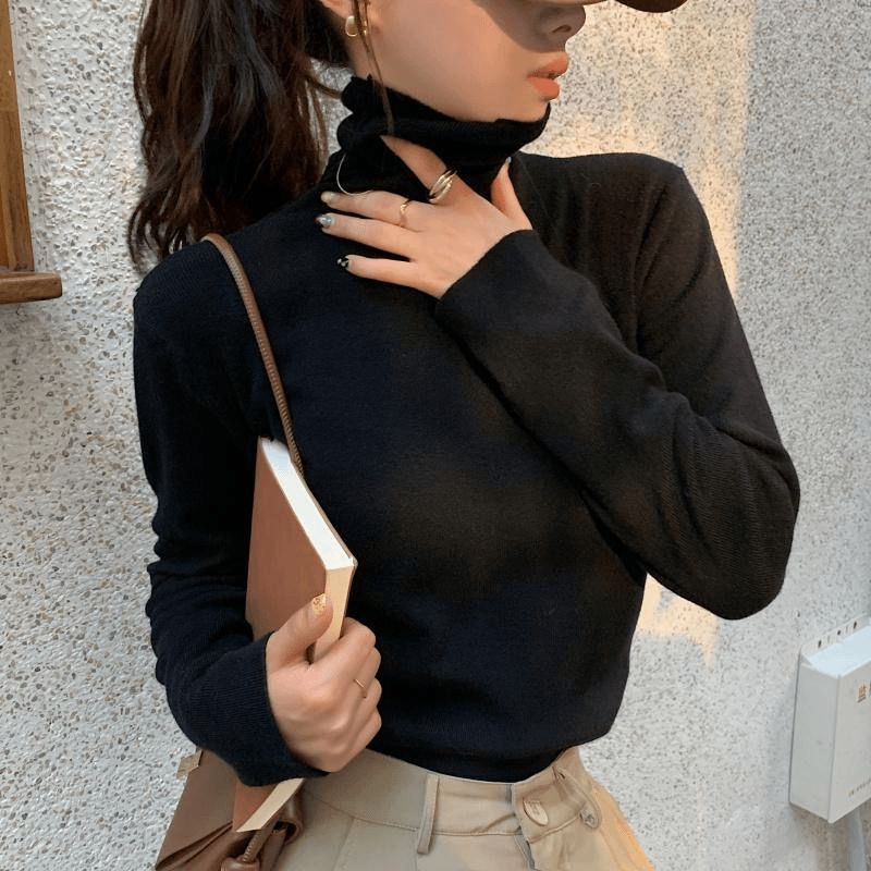 浪莎堆堆领高领外穿套头小众上衣女秋冬纯色打底衫内搭修身