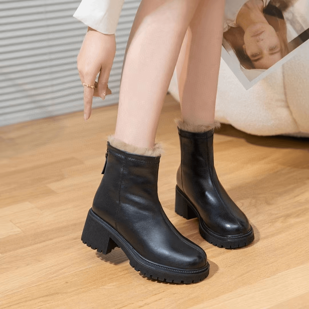 真皮加棉短靴8815粗跟厚底秋冬时尚百搭气质女鞋