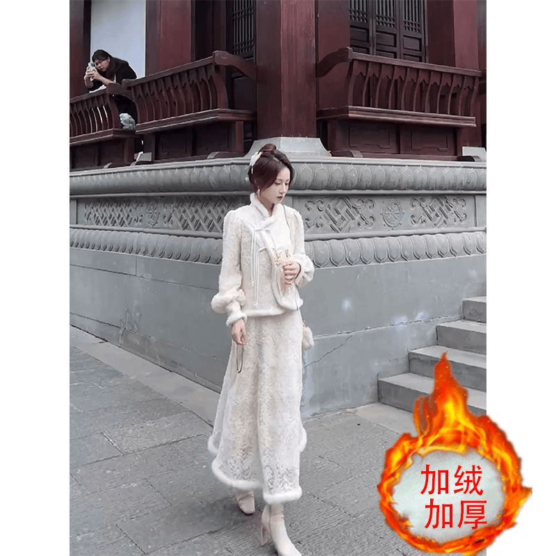 {宝藏小铺}女秋冬季2023新款加绒加厚新中式女装国风套装外套半身