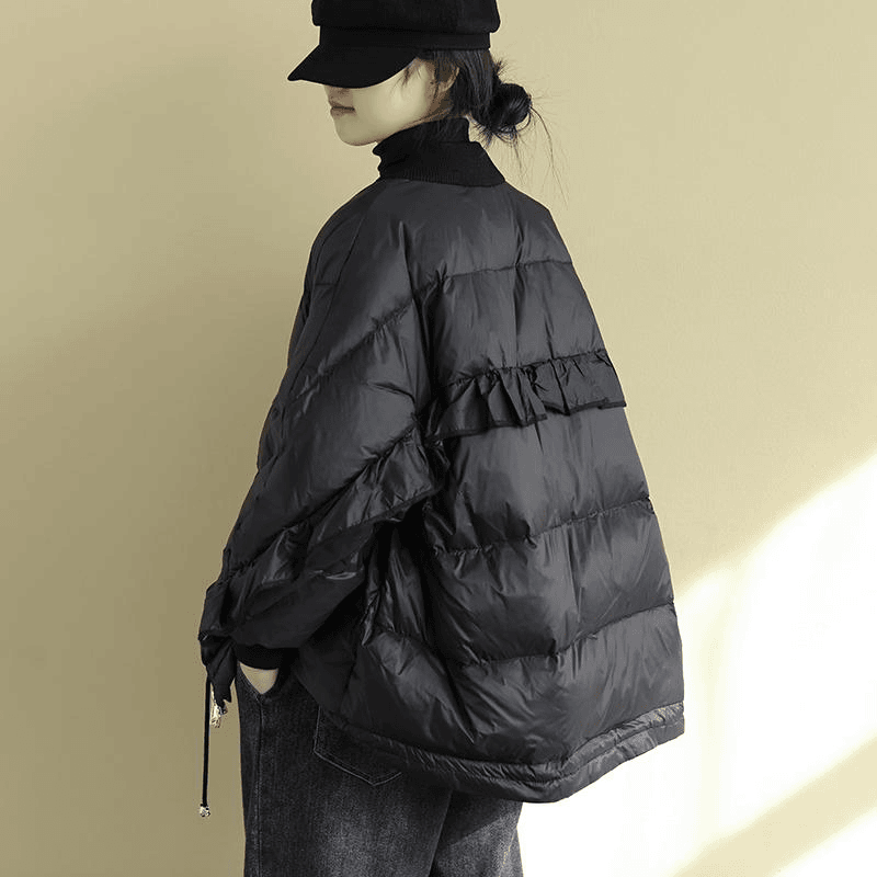 女装白鸭绒大码宽松文艺长袖保暖外套冬装新款后背拼接木耳边羽绒