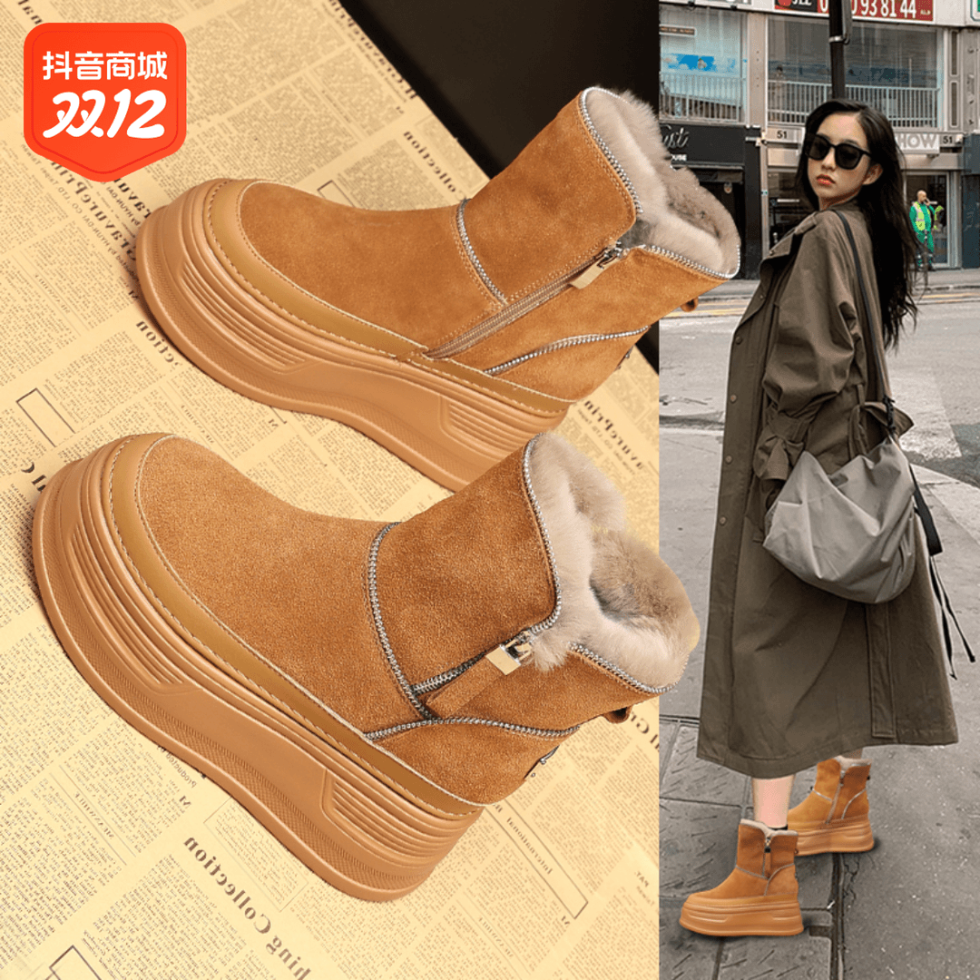 0398-1厚底雪地靴女冬季加绒加厚2023年内增高防滑保暖短靴子