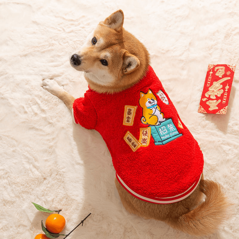 柴犬狗狗衣服招财新年保暖冬装柯基泰迪中型犬宠物过年喜庆两脚衣