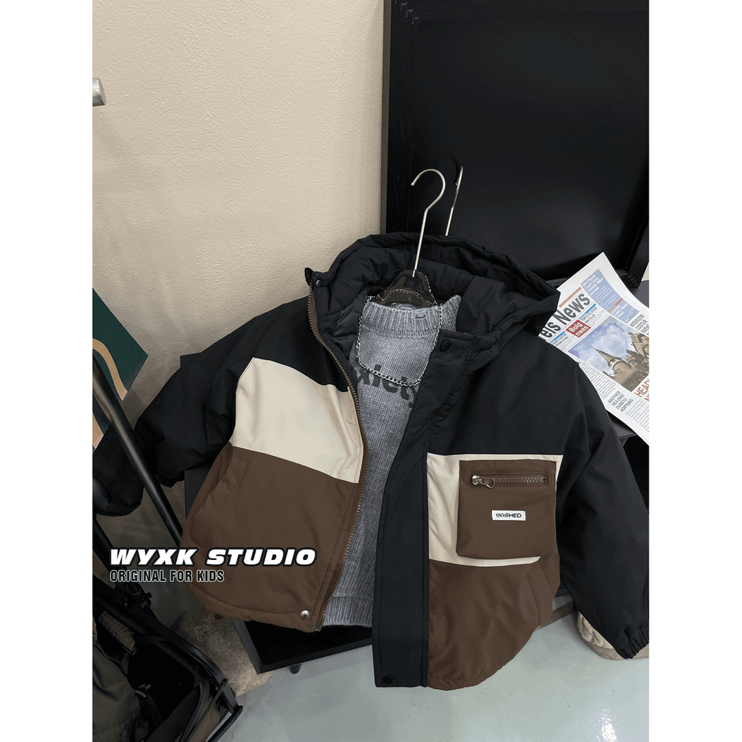 防风三色拼接防水连帽棉衣外套冬季新款男童中大童韩版棉服风衣潮