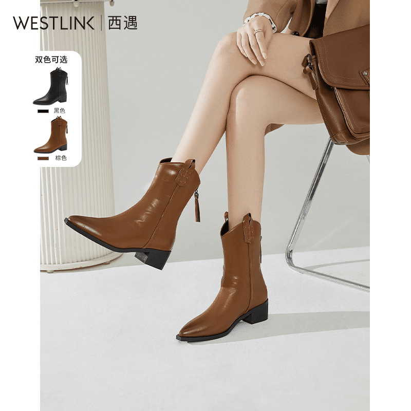 西遇西部牛仔靴女2023新款秋冬显瘦美式复古中筒靴子棕色尖头短靴