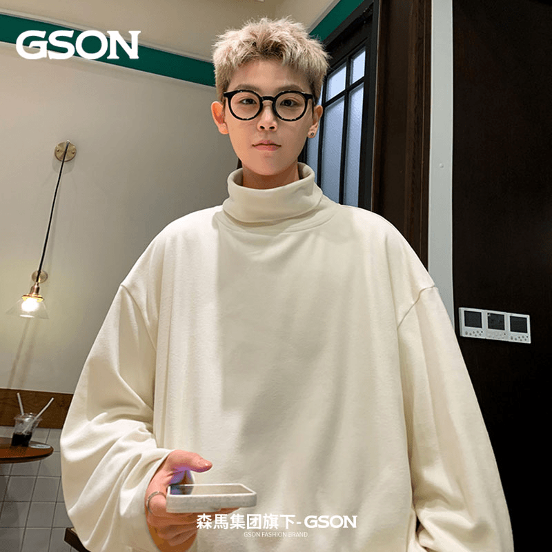GSON白色德绒高领长袖打底衫ins男秋冬款内搭t恤oversize保暖宽松