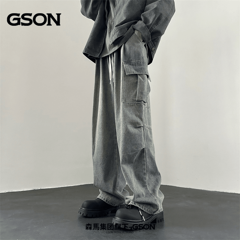 森馬集团GSON美式工装牛仔裤男款潮牌高街vibe风复古伞兵裤字阔腿
