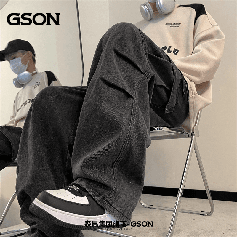 森馬集团GSON美式工装牛仔裤男款高街潮牌宽松直筒裤子阔腿伞兵裤