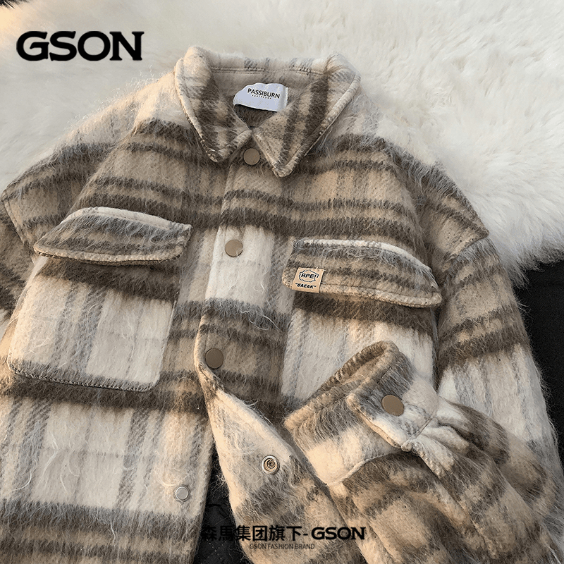 森馬集团GSON高级感海马毛小香风外套男冬季加厚毛呢格子情侣夹克