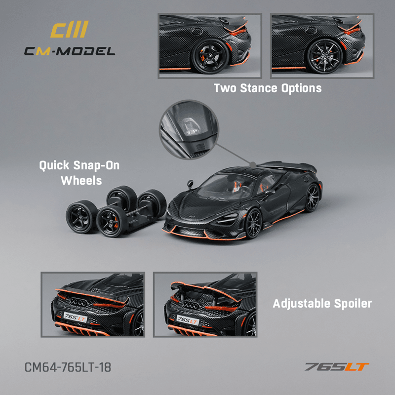 【CM新品】1:64迈凯伦765LT黑碳橙线合金汽车模型全新品质