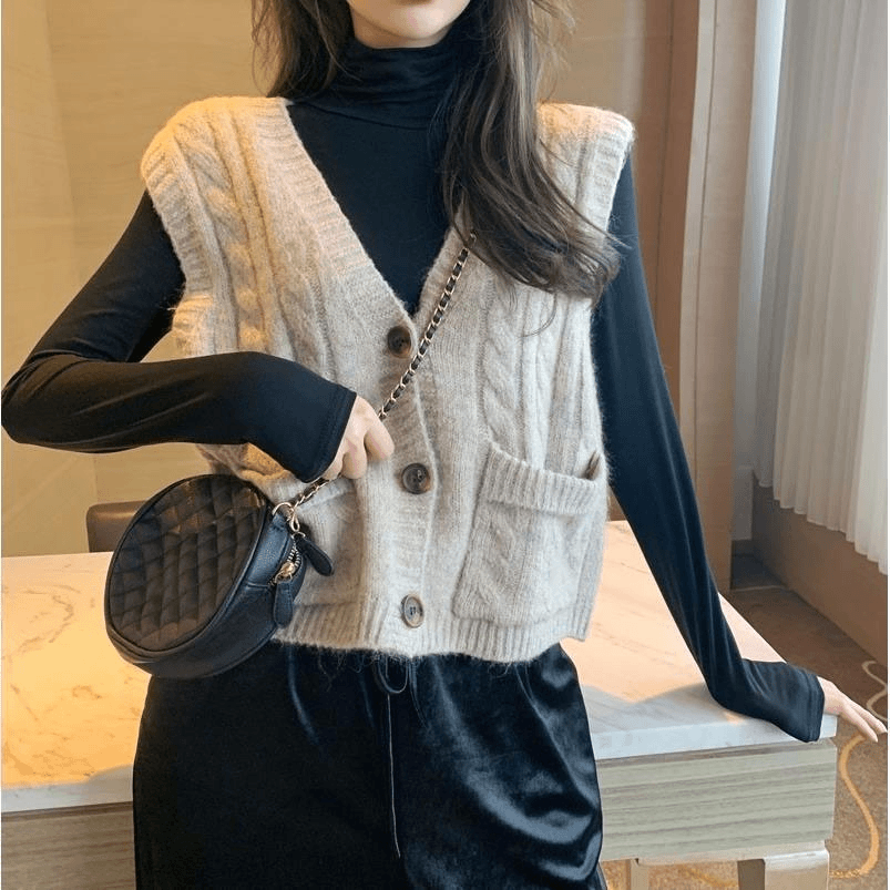 FCH马甲女短款2024新款秋春韩版宽松V领无袖马甲背心毛衣开衫小外