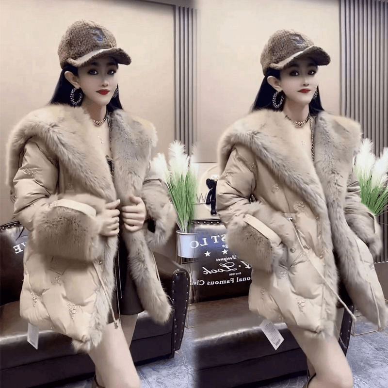欧货羽绒服大毛领中长款刺绣羽绒服女外套2023冬季新款韩棉服棉衣