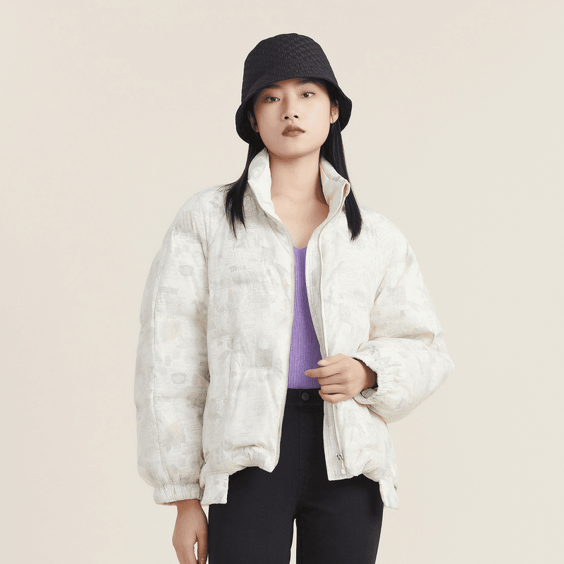 R谜底新款立领时尚印花宽松防寒保暖短款羽绒服女外套女223MY1035