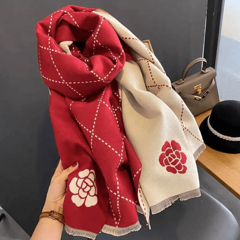 帛语丝锦419-3百搭新款双面【菱形格山茶花】秋冬保暖围巾
