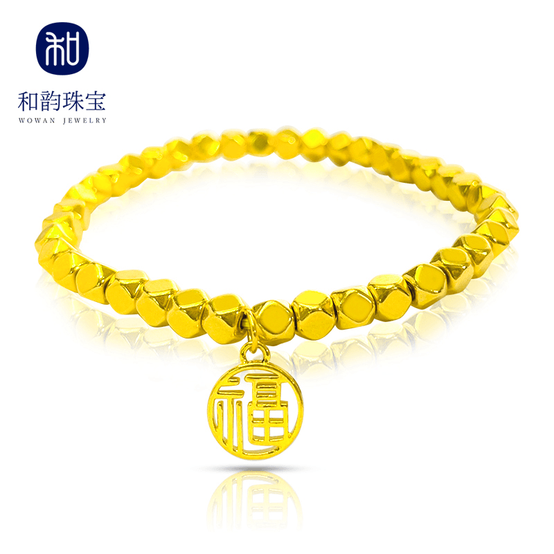 HEYUN/和韵足金方糖福牌金珠手串