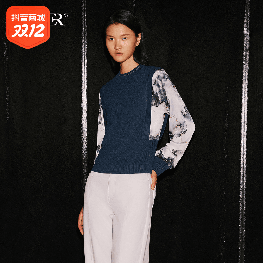 COVER2023秋季假两件圆领金葱绣线上衣女