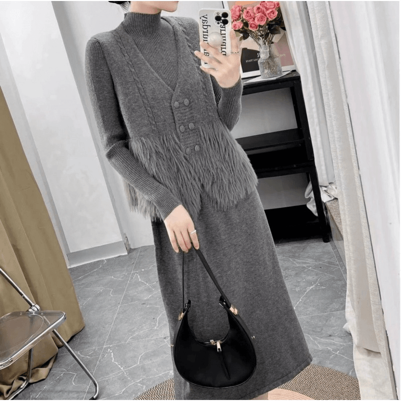 2023 秋冬新款孕妇装孕妈针织毛衣连衣裙＋马甲两件套秋冬