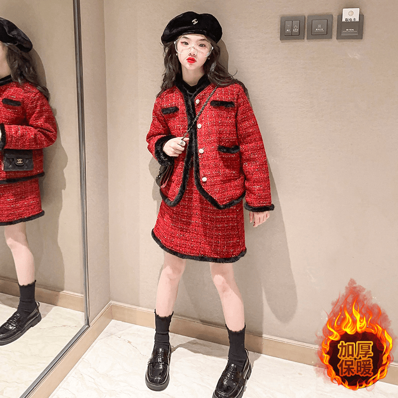 女童加厚秋冬套装中大童儿童红色小香风新年服外套裙子两件套冬装