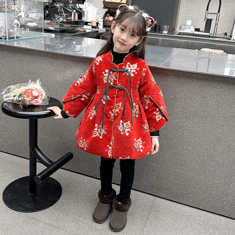 女童冬季加厚拜年服2023新款古装中国风大童过年喜庆红色衣服外套