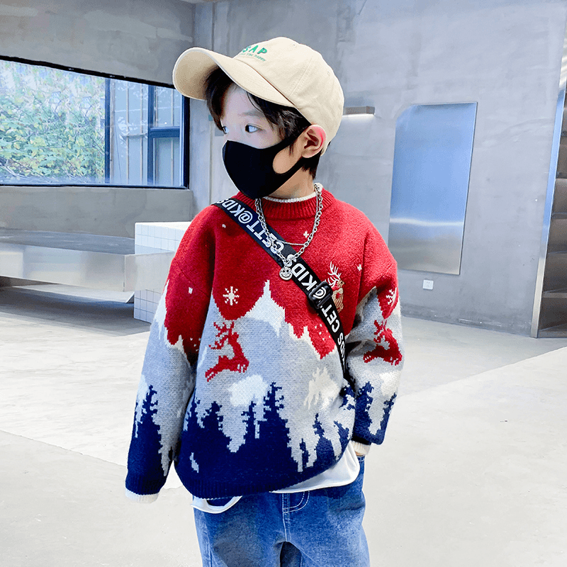 加厚打底衫衣服男童冬装红色圣诞毛衣2024新款儿童洋气炸街中大童