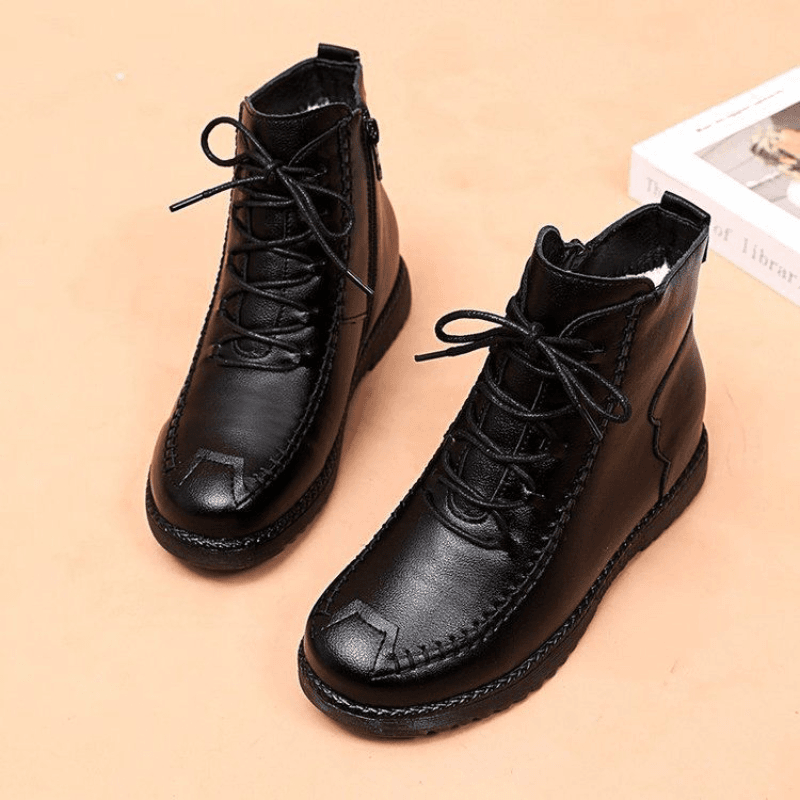 【季回力休】2024软皮妈妈鞋加绒棉鞋平底防滑保暖短靴侧拉链中年