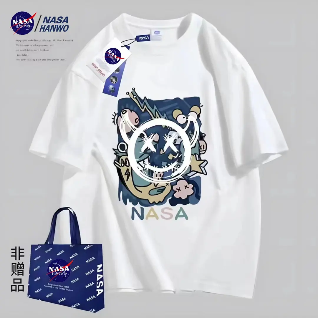 NASA联名2023年纯棉T恤情侣男女同款短袖印花宽松国潮ins休闲笑脸