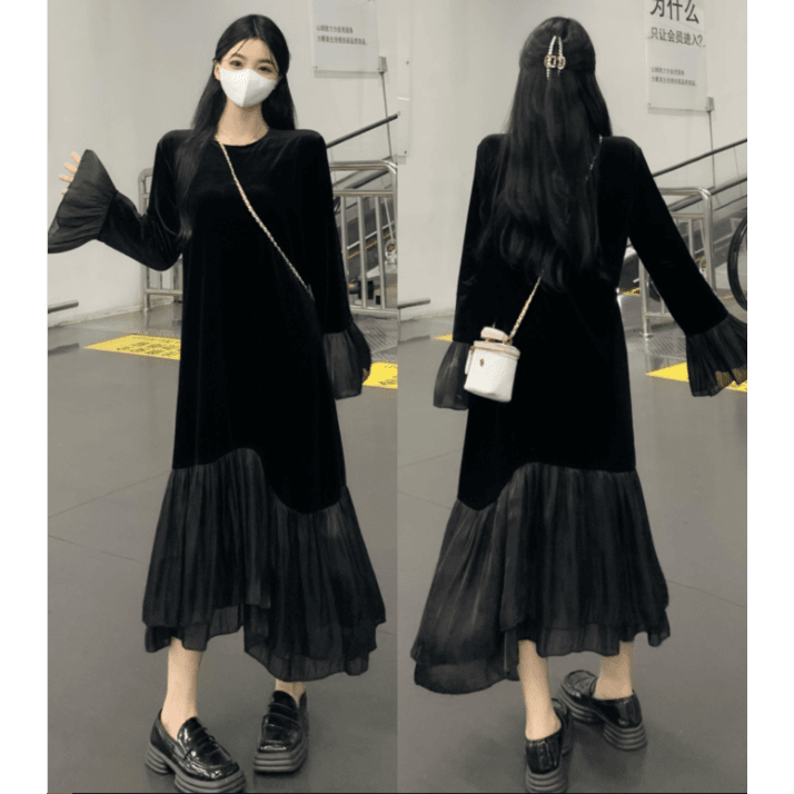 大码女装秋冬赫本风丝绒拼接鱼尾连衣裙胖妹妹遮肉显瘦气质长裙子