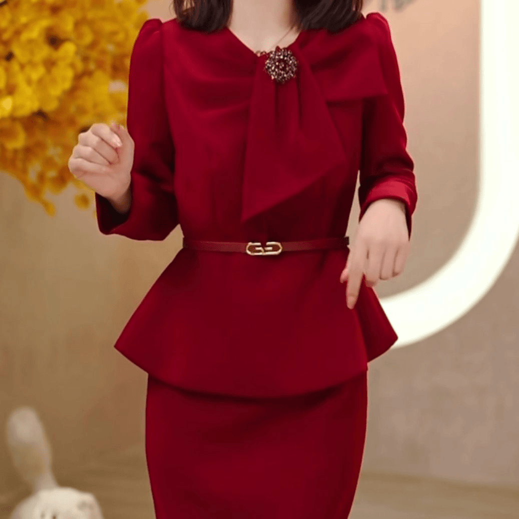 法式红色高级感通勤气质显瘦荷叶边收腰职业连衣裙女2023秋季新款