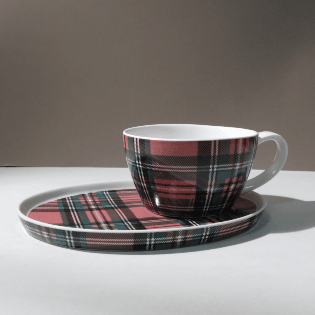 【复古格纹】280ml咖啡杯碟  陶瓷下午茶大容量奶杯复古美式