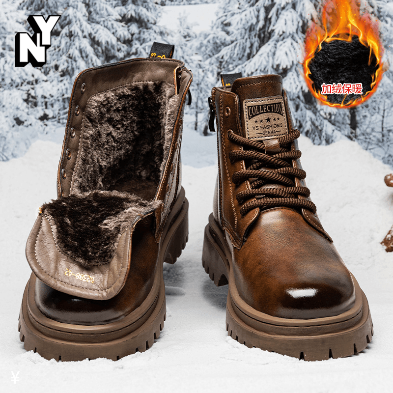 NY时尚雪地靴男款冬季机车皮靴加绒保暖棉靴复古英伦风高帮马丁靴