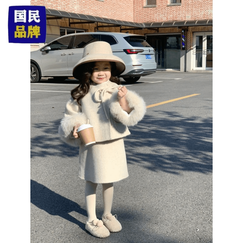 韩国童装女童毛呢外套秋冬款女孩洋气气质背心裙毛毛边呢子大衣