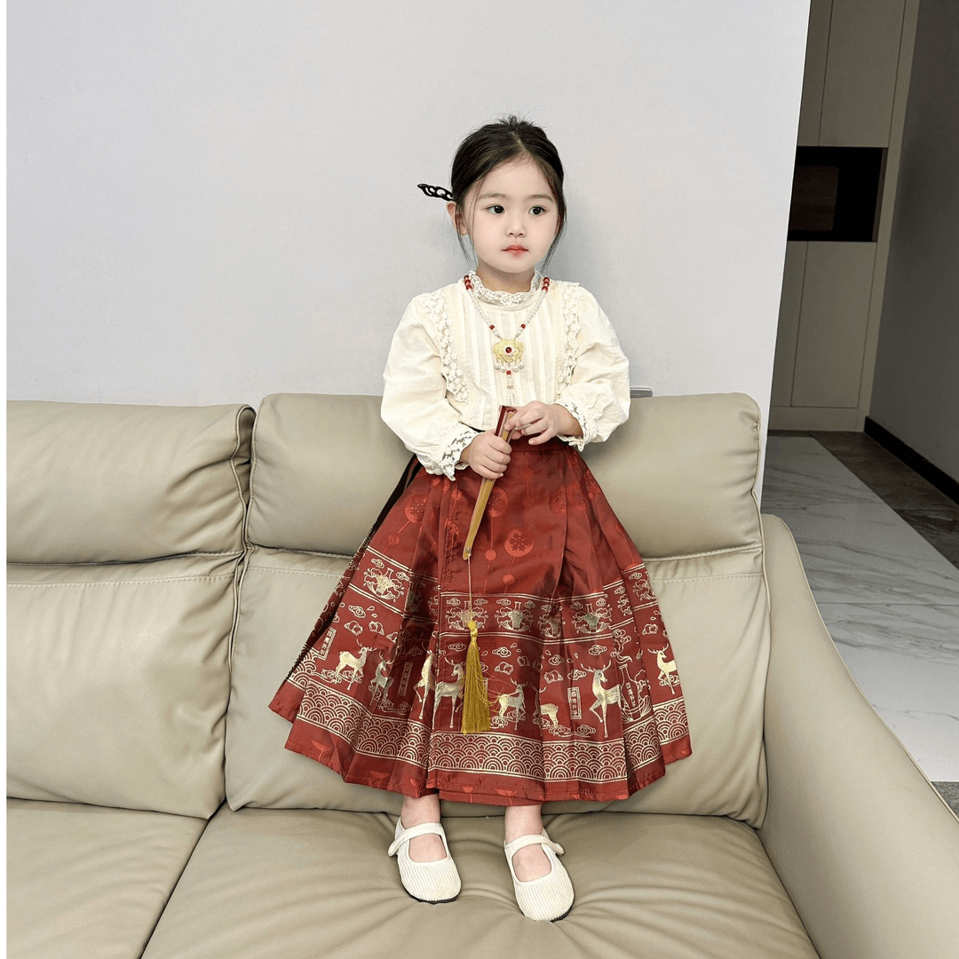 女童国潮民族风双面刺绣马面裙儿童洋气红色上衣半裙潮