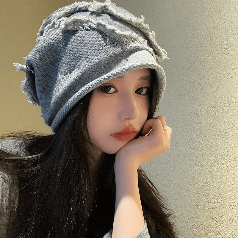 秋冬日系做旧破洞堆堆帽女复古大头围包头冷帽韩版显脸小保暖帽子