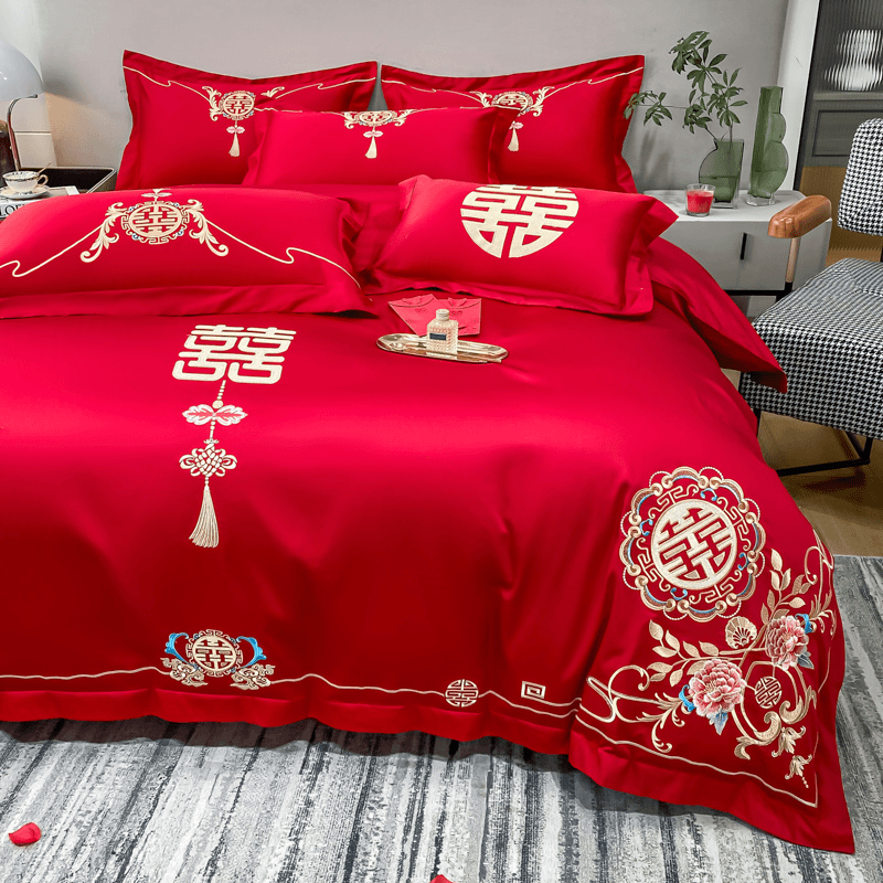 刺绣四件套结婚床上用品新大红色高档被套婚庆床上四件套被套喜庆
