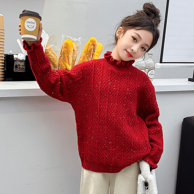 女童亮片荷叶边毛衣韩版童装中大童红色本命年女孩毛线衣高领儿童