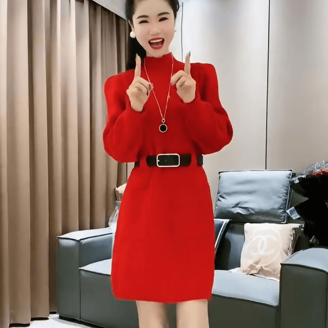 中长款毛衣针织连衣裙女2023秋冬季新款高级感细闪洋气带皮带裙子
