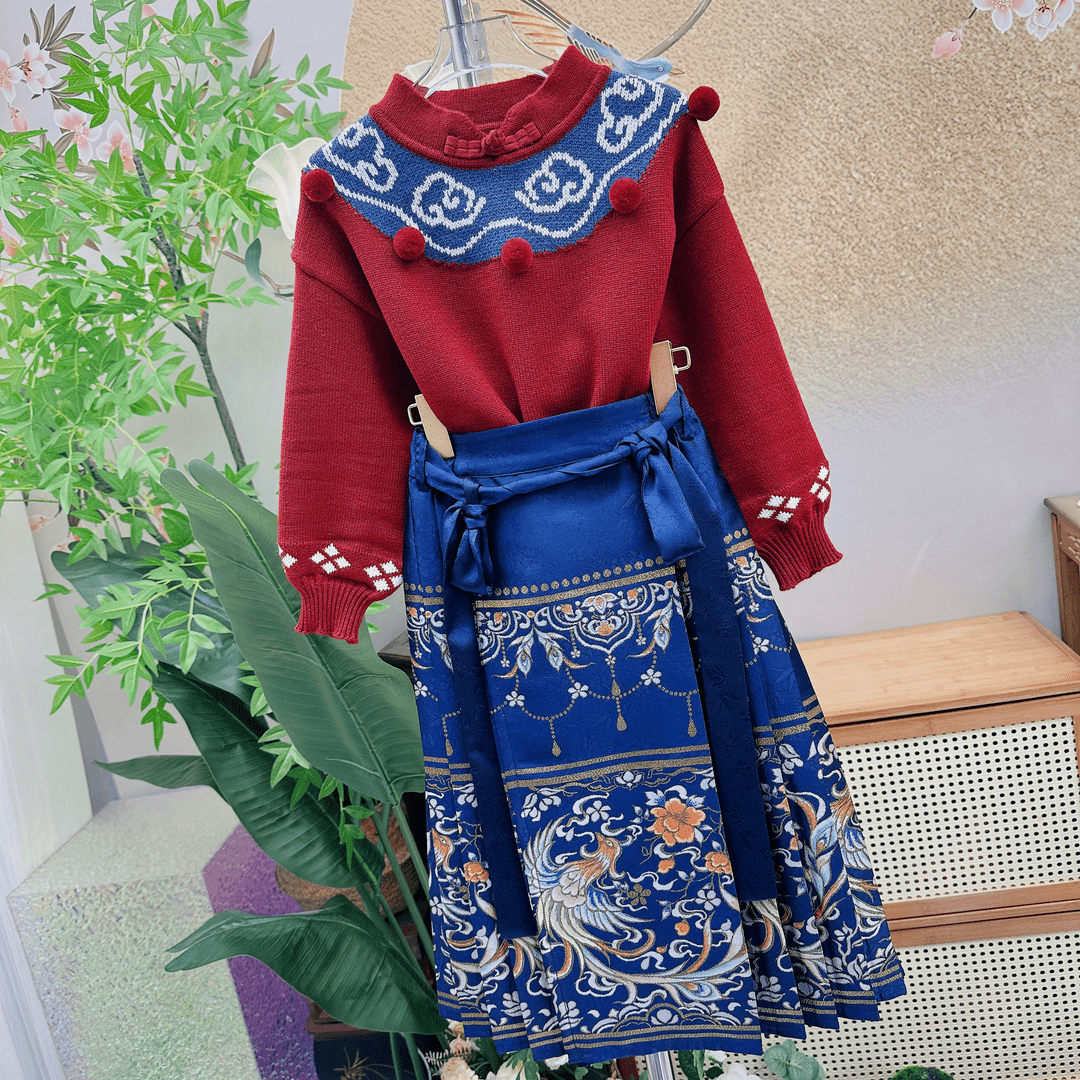 Z【蓝色马面裙毛衣套装】明制马面裙套装汉服亲子款装儿童国风女童