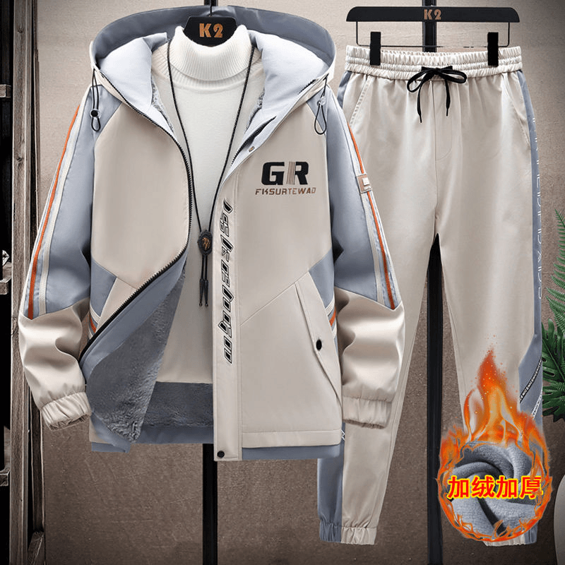 潮流爆款秋冬季男士加厚套装青少年学生帅气夹克加绒休闲运动外套