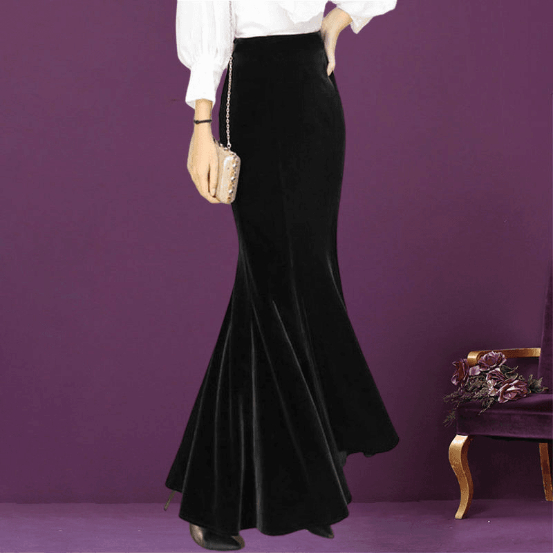 中长款秋冬丝绒半身裙新款开叉鱼尾裙黑色显瘦长裙遮肚拼接包臀裙