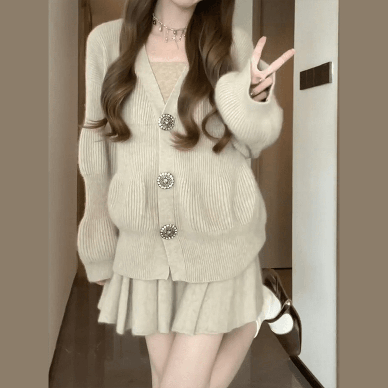 F730名媛风两件套针织连衣裙子女秋冬季2023新款小个子毛衣套装裙