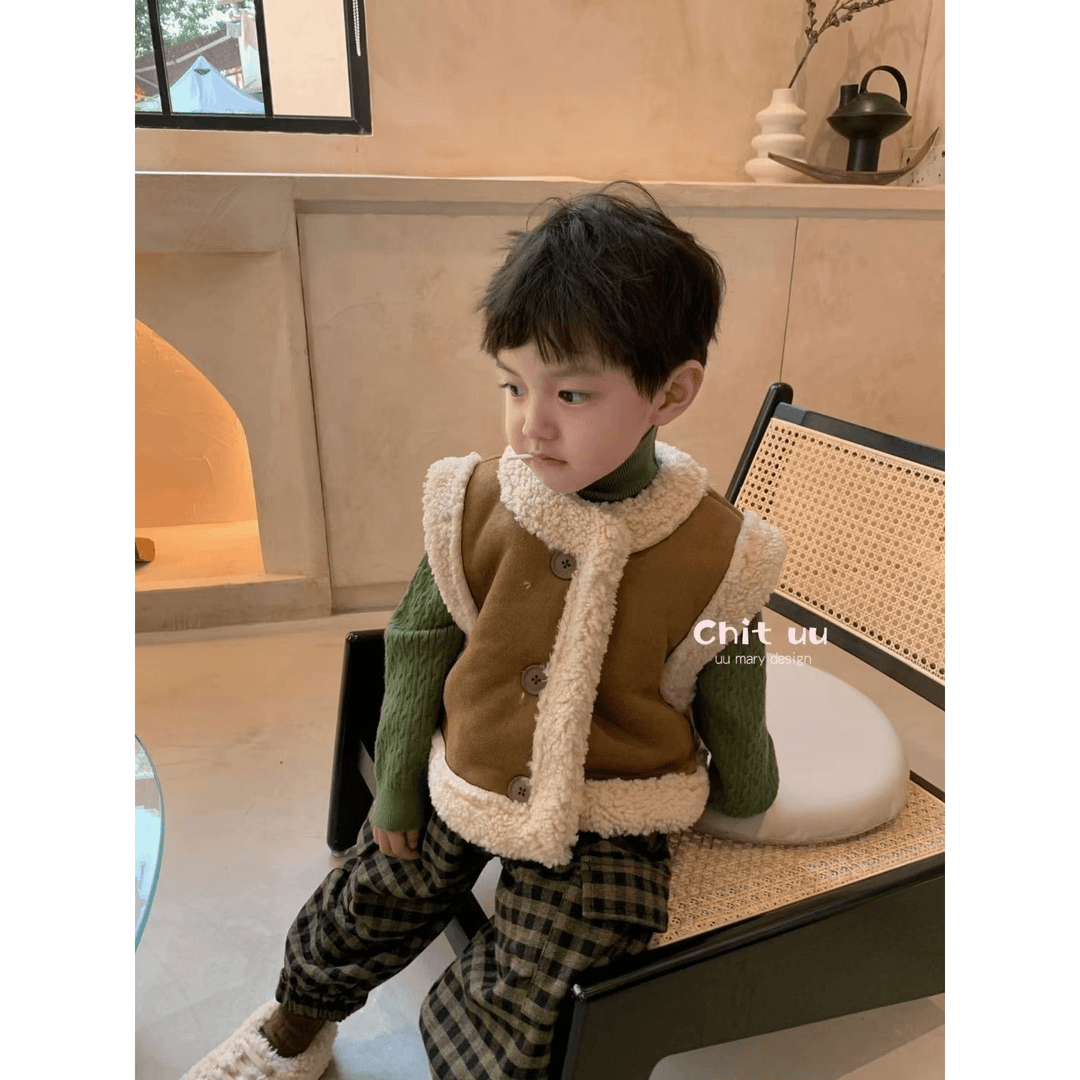 皮毛一体棕色坎肩外套儿童羊羔绒马甲男女童春夏季洋气外搭背心