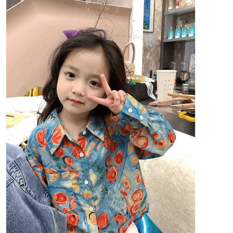 新款宝宝装洋气长袖女童复古印花衬衫上衣时髦韩版母女2023衬衣潮
