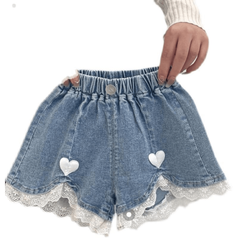 儿童牛仔裤薄款蕾丝花边爱心宝宝裤子潮女童短裤夏季2023新款韩版