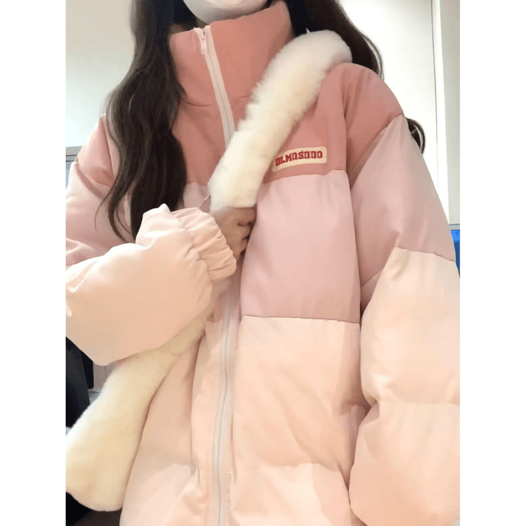 雅鹿立领拼接粉色羽绒棉服女冬季oversize学生小众加厚面包服棉袄