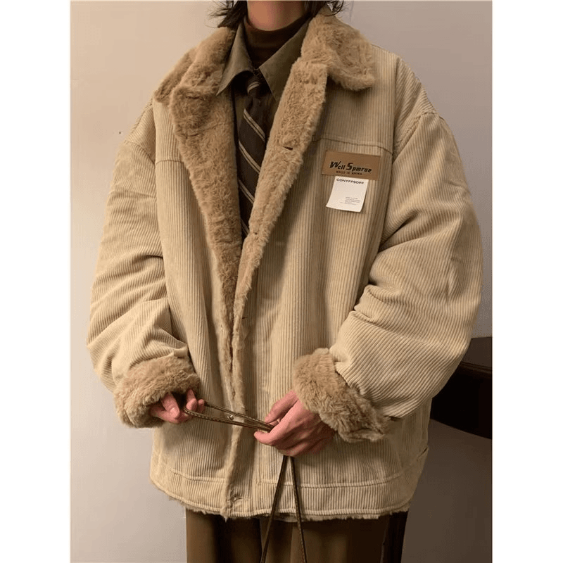 灯芯绒棉服外套男冬季美式复古羊羔绒加厚保暖棉衣宽松休闲棉袄子