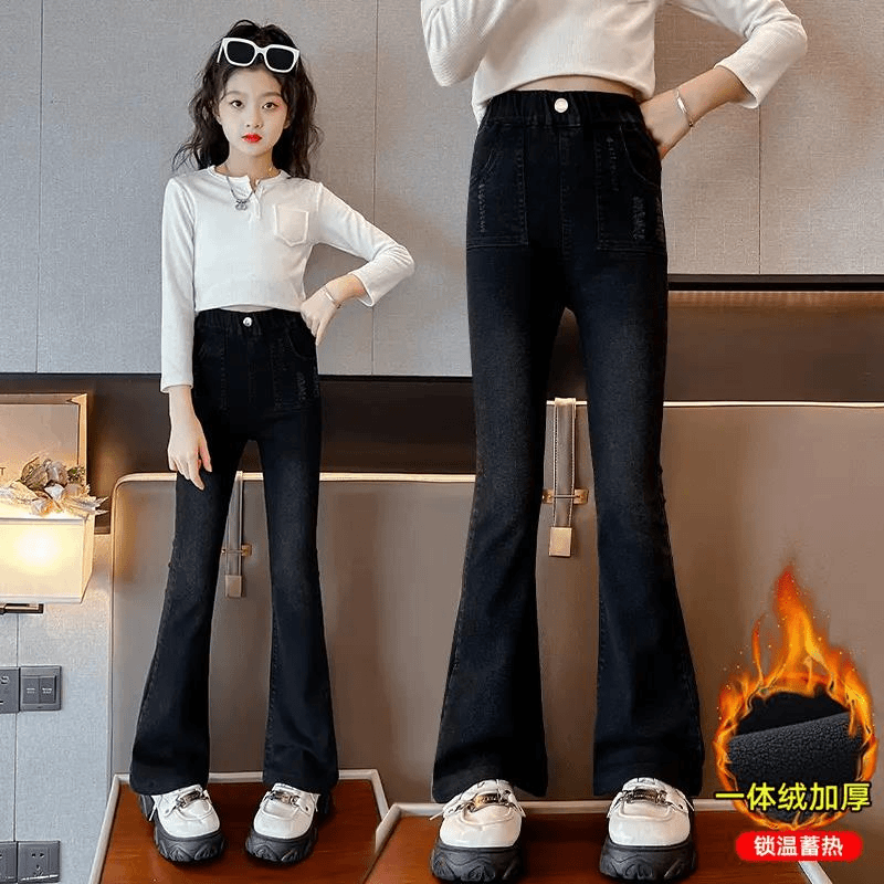 女童裤子秋冬款加绒牛仔裤中大童弹力修身长裤女孩冬季加厚喇叭裤