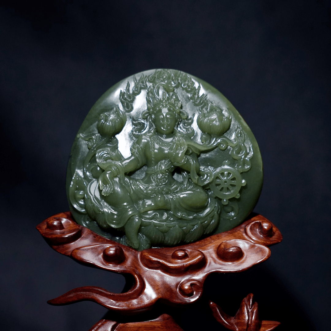 【玉龙展】和田玉 沙枣青绿度母摆件